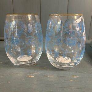 Medici Blue Floral Gold Rim Stemless Wine Glasses (Set of 2)